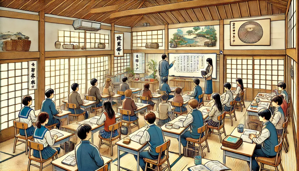 A detailed illustration of a classroom in a Japanese language school. Students of diverse backgrounds are attentively listening to a teacher who is s