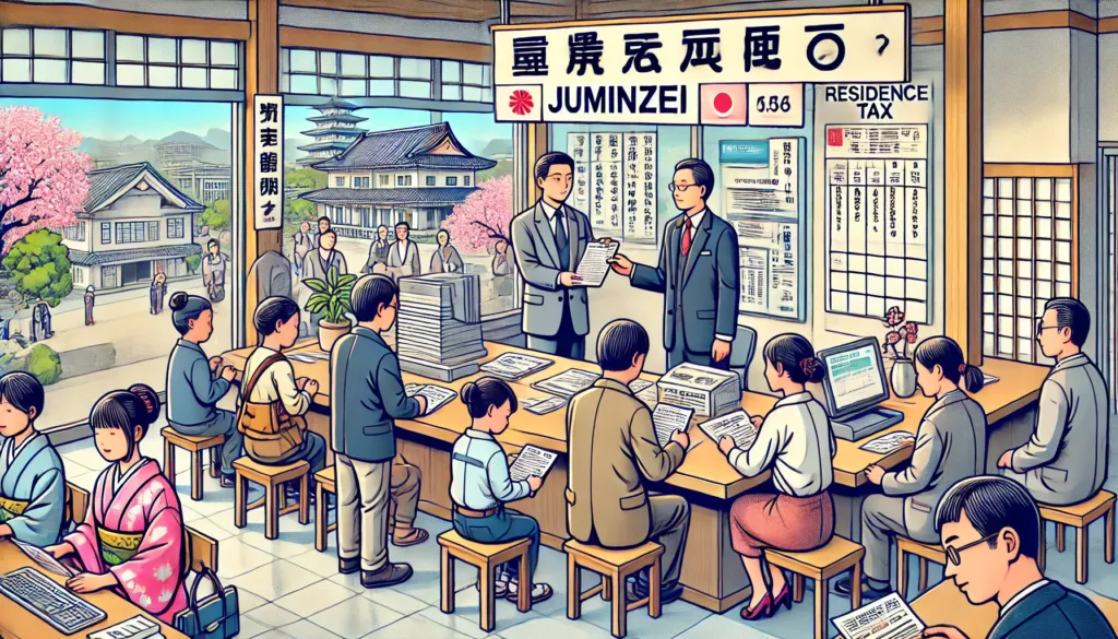 A detailed illustration showing a diverse group of people in Japan paying their residence tax Juminzei. The setting includes a modern city office wi