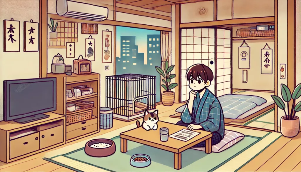 Japanese apartment with a person thinking about getting a pet