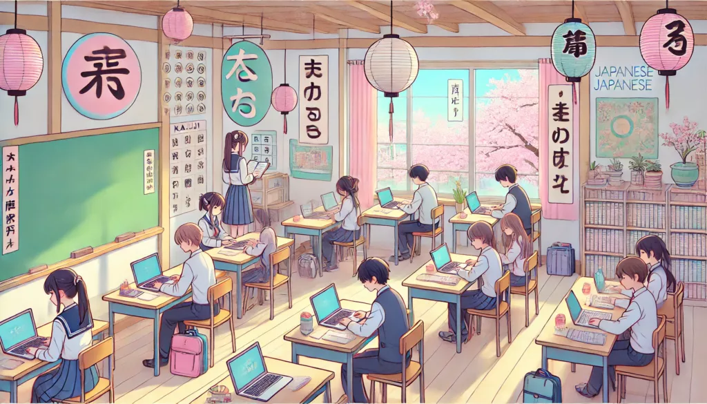 students studying Japanese in a classroom
