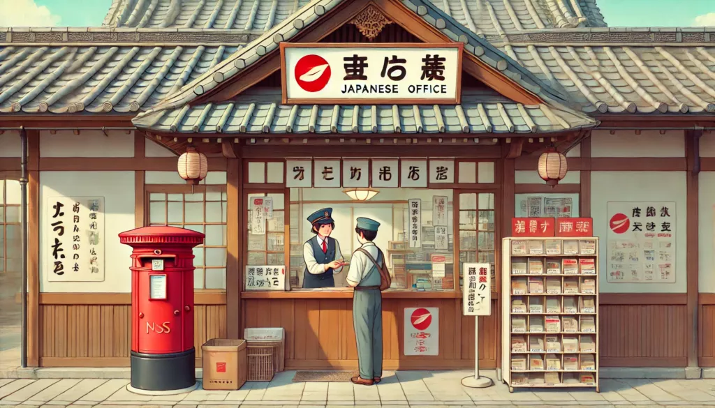 A Japanese post office scene featuring a red mailbox near the entrance traditional Japanese architecture and clear signage in Japanese characters. A