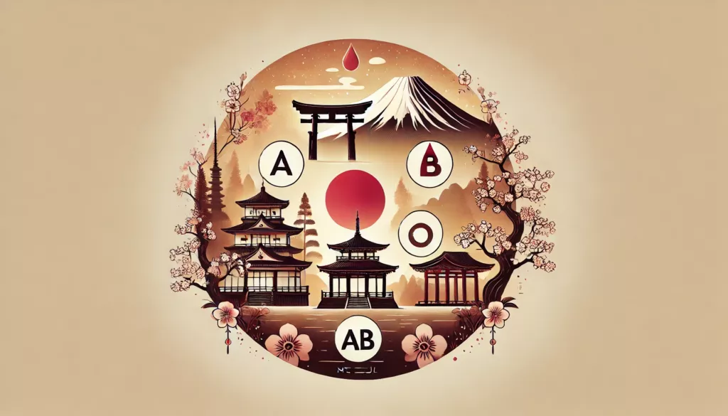 A cultural representation of blood types in Japan featuring symbolic icons for A B AB and O blood types integrated with traditional Japanese moti