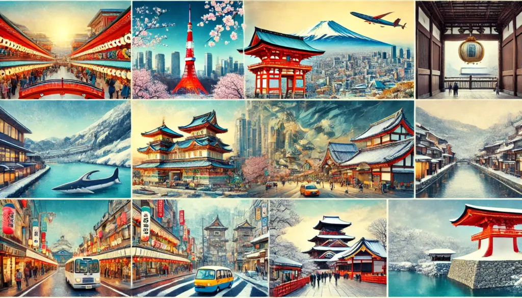 A picturesque collage of Japanese cities ideal for studying Japanese featuring iconic landmarks like Tokyo Tower Fushimi Inari Taisha in Kyoto Osak