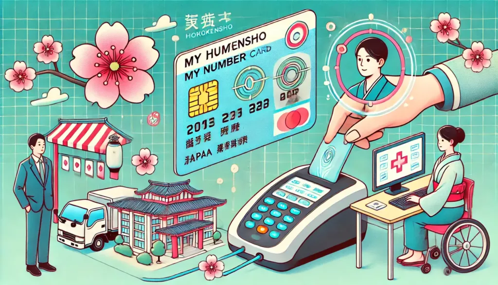 An informative illustration about Japans Myna Hokensho system. The image features an animated style representation of a My Number Card a medical ins