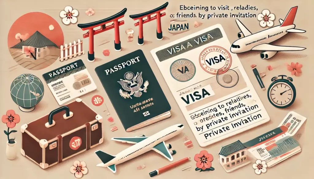 An informative illustration for an article about obtaining a visa to visit relatives friends or for tourism in Japan by private invitation. The imag 1
