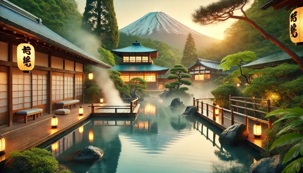 a natural hot spring surrounded by lush greenery and traditional Japanese architecture
