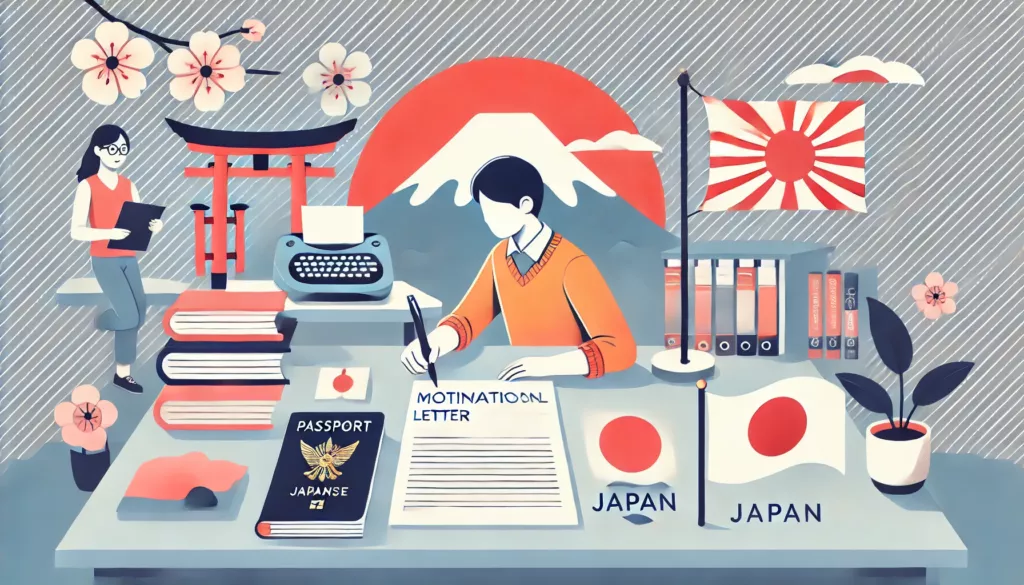 A horizontal illustration for an article about writing a motivational letter for a student visa in Japan. The image features a person sitting at a des