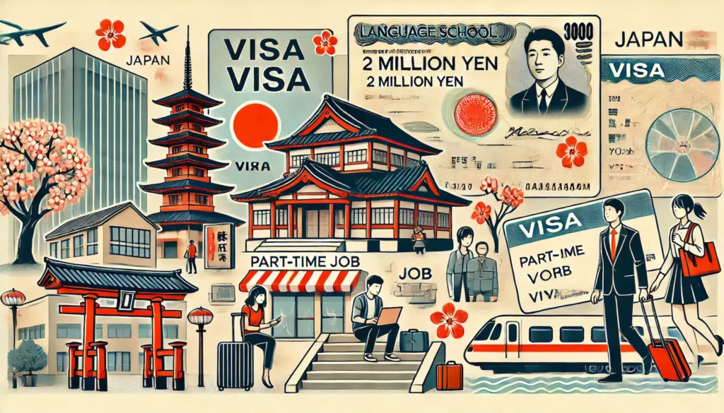 A horizontal illustration showing the challenges and financial requirements of studying and living in Japan. The image features a Japanese cityscape w
