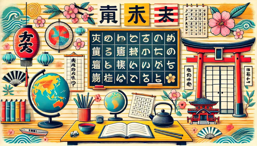 A horizontally oriented vibrant and educational illustration for an article about the Japanese language for tourists and future students. The image f
