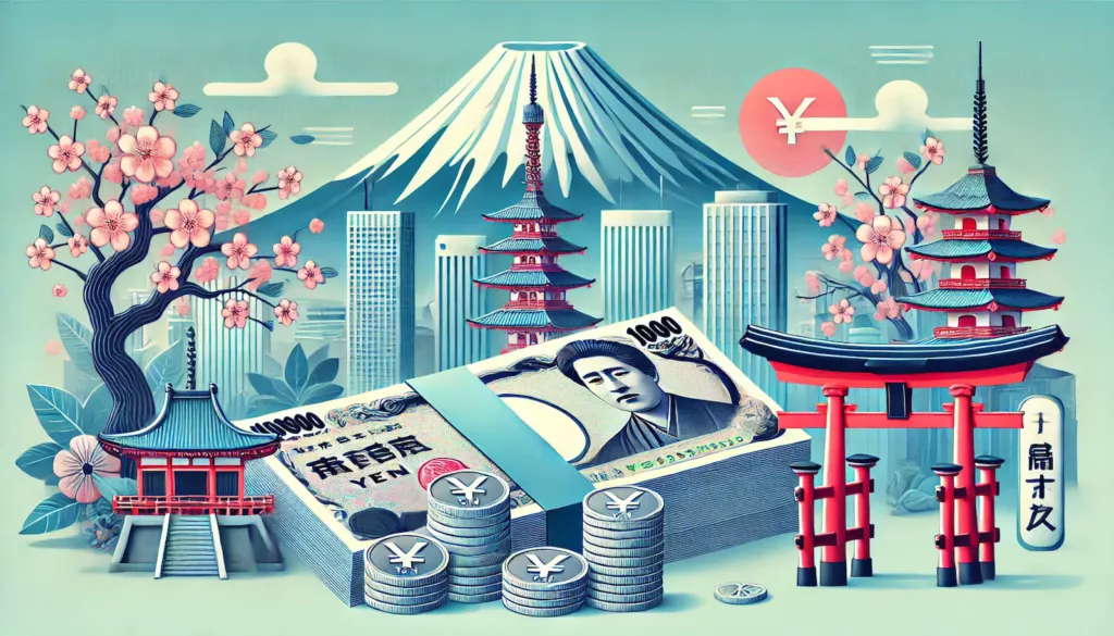 A horizontally oriented visually appealing and educational illustration for an article about Japanese yen currency. The image features a stack of Jap