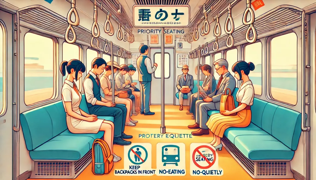 A vibrant and illustrative image capturing the essence of Japanese train etiquette showing a clean and modern train interior with passengers adhering