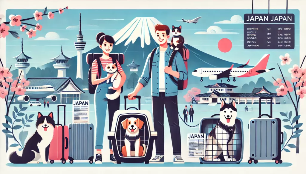 A visually appealing horizontal illustration of a family traveling to Japan with their pets featuring a cat and a dog in carriers. The background inc
