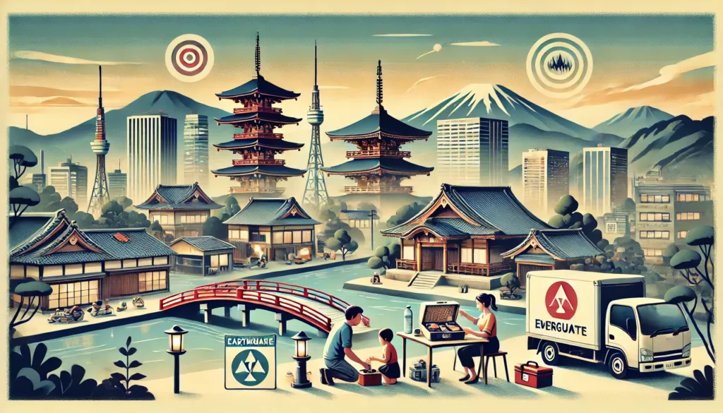 A visually engaging horizontal illustration designed to accompany an article about earthquake preparedness in Japan. The image depicts a modern Japane