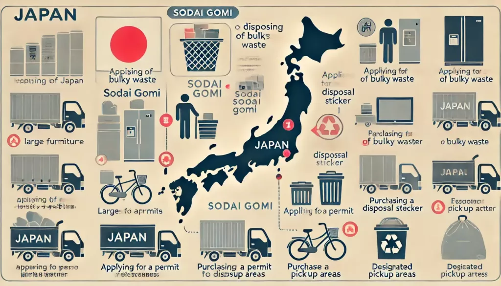 A detailed illustration of Japan highlighting the process of disposing of bulky waste Sodai Gomi for foreigners. The image includes labeled icons re