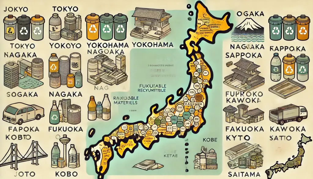 A detailed illustration of Japan with its top 10 largest cities highlighted showcasing Tokyo Yokohama Osaka Nagoya Sapporo Fukuoka Kobe Kawasa