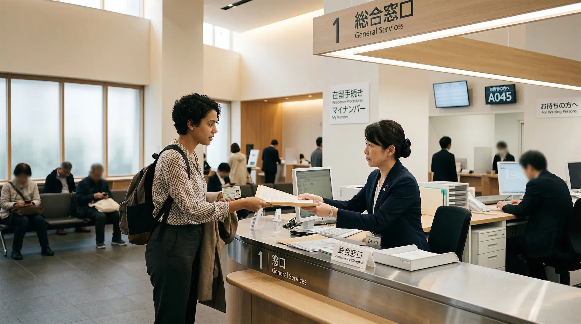 A wide-angle editorial photograph of a modern Japanese government office interior. A foreign resident stands at a sleek counter, handing documents to a Japanese official in formal attire.