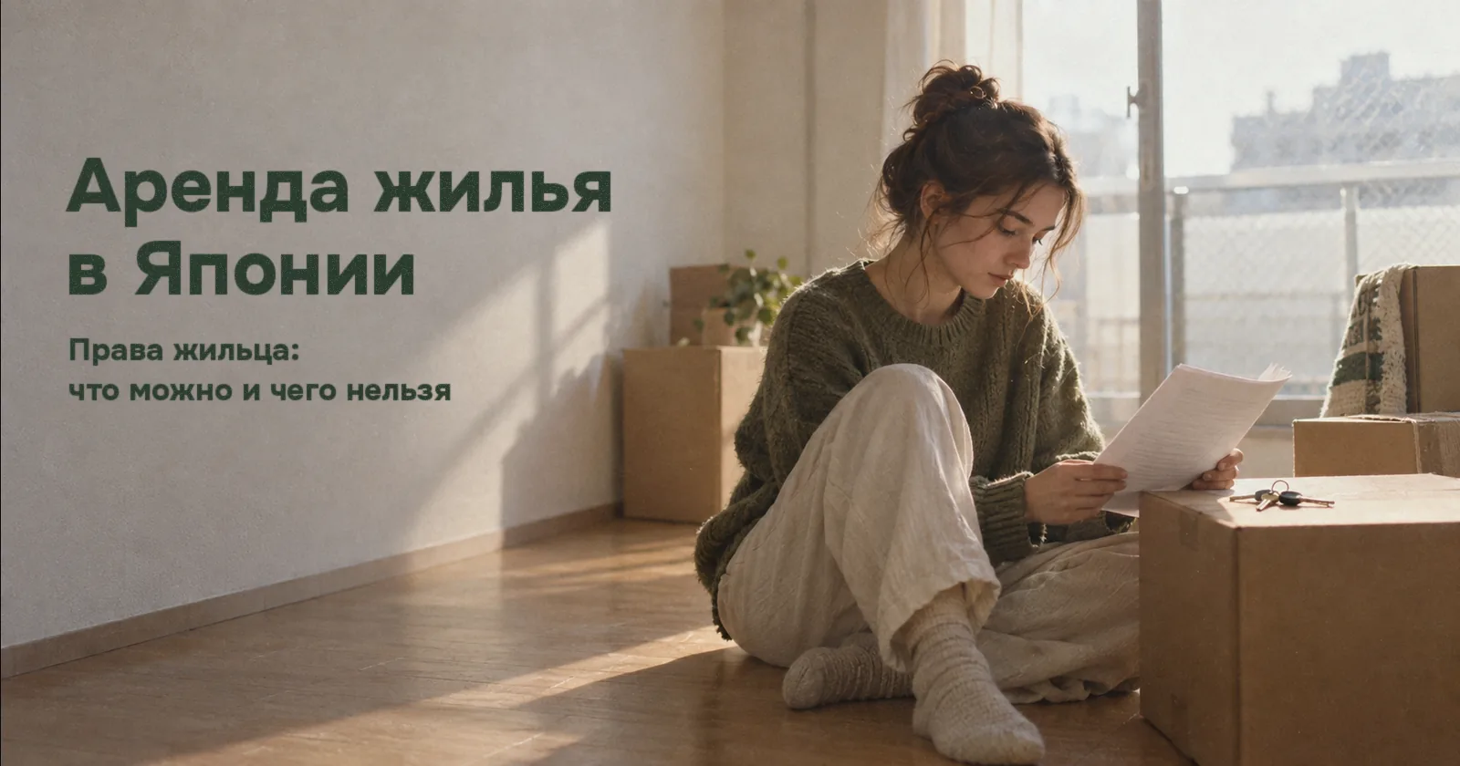 Девушка читает договор аренды в пустой квартире в Японии после переезда