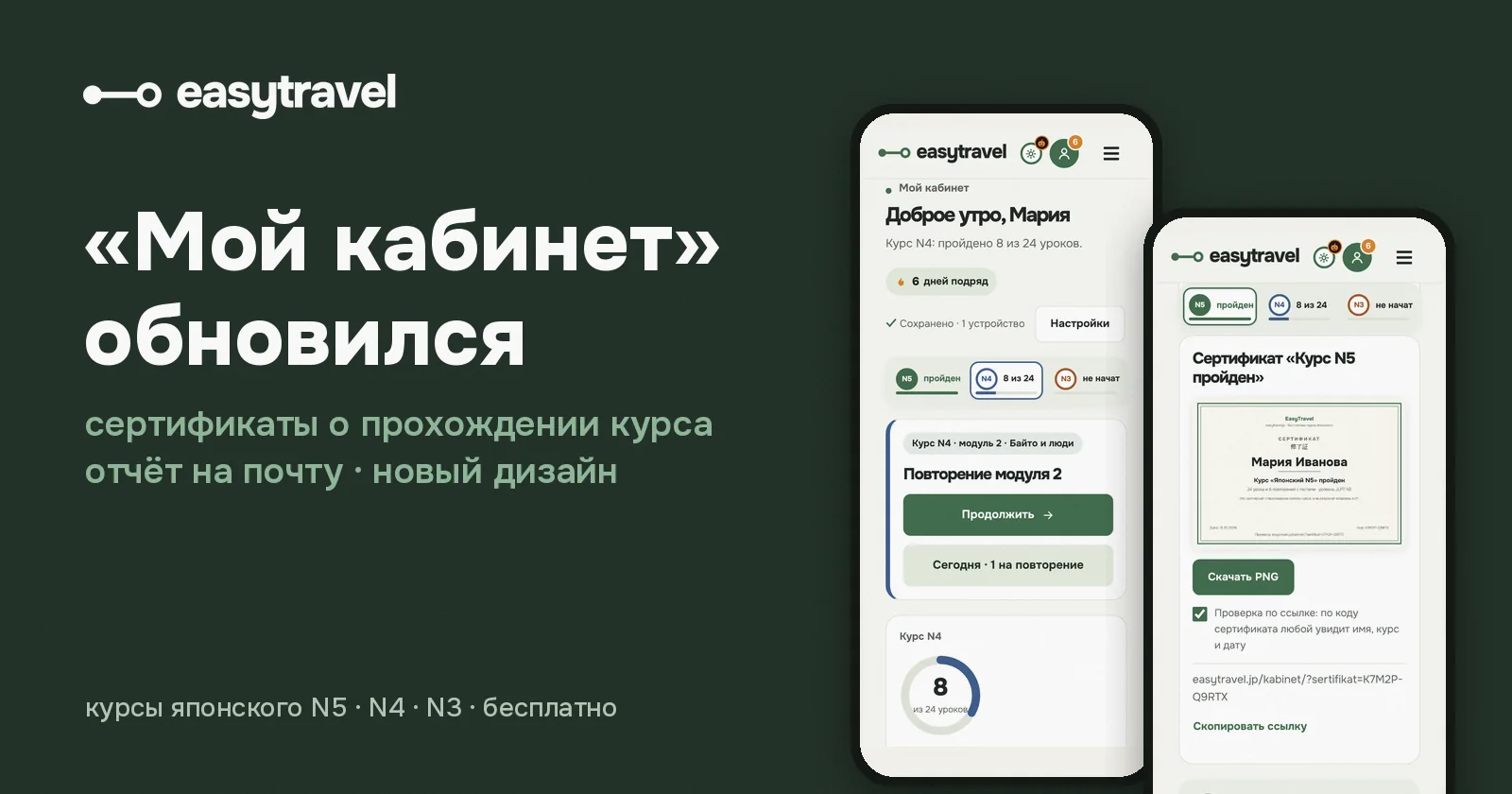 «Мой кабинет» EasyTravel на телефоне: продолжение курса и сертификат о прохождении